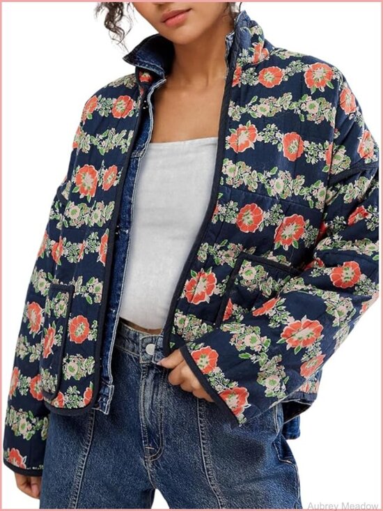 Jackets & Blazers - Cropped Quilted Jacket Floral Print Lightweight Padded Puffer Cardigan Coat